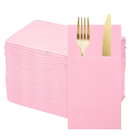 100 Pcs Serviettes Jetables en Lin avec Poches Intégrées pour Couverts, Serviettes en Papier pour Couteaux et Fourchettes Rose Clair