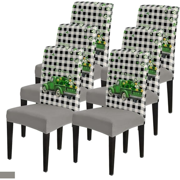 Dining Chair Slipcover, St. Patrick''s Day Truck Shamrock Leaves Vintage Black White Buffalo Check Stretch Kitchen Chair Covers Removable Parsons Chair Protector Covers for Banquet Party, Set of 6