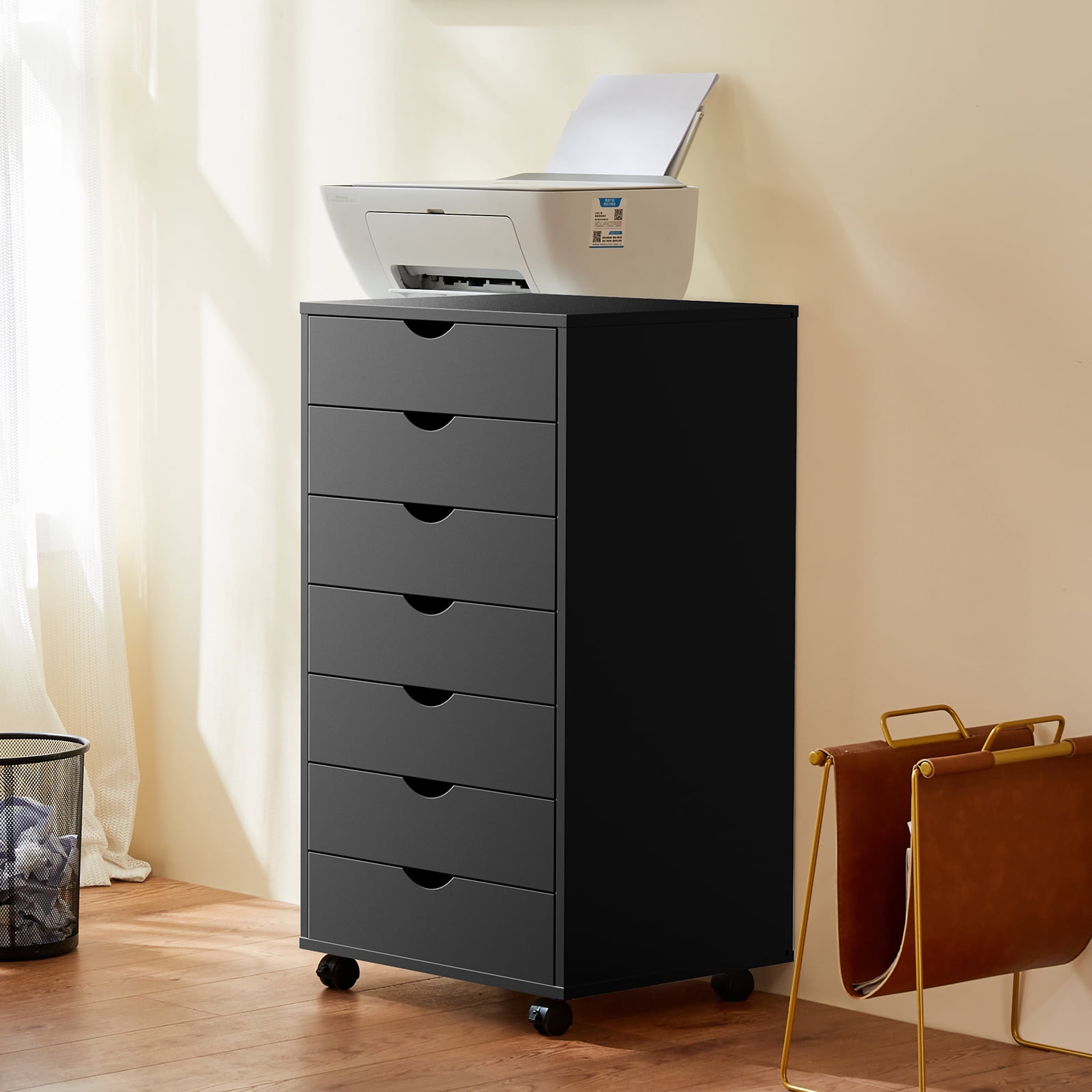 EDX 7 Drawer Chest File Cabinet, Mobile Storage Organizer Wood Dresser Printer Stand for Home Office, Black