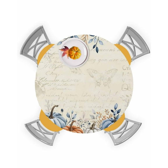 Round Fitted Tablecloths Fall Thanksgiving Blue Pumpkin Waterproof Table Cover for Kitchen Dining Party Decor Eucalyptus Leaves Retro Letter,36"-44"
