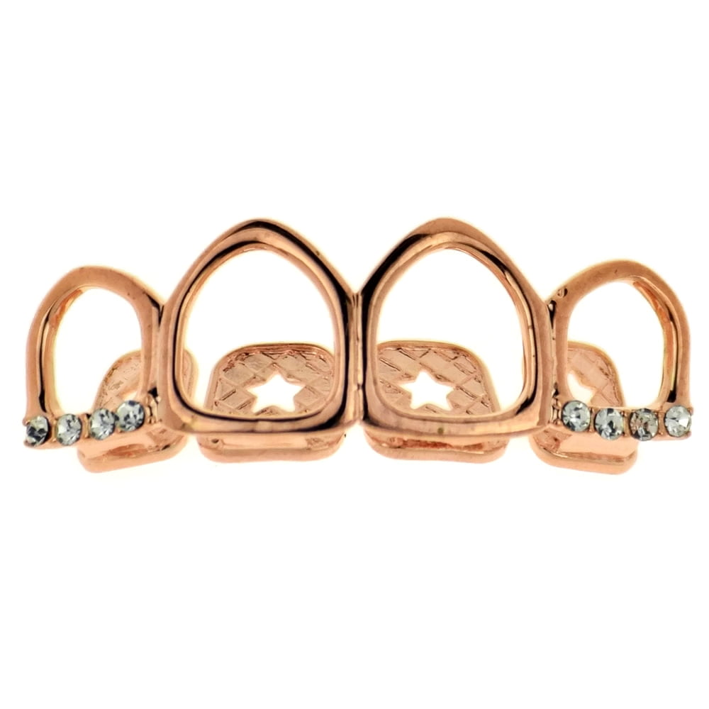 14K Rose Gold Plated Grillz Top All Four 4 Open Face Teeth Bling Hollow