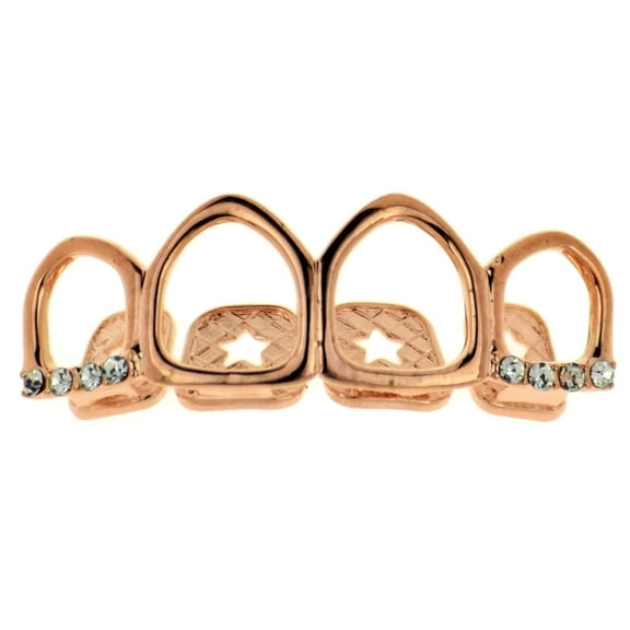 14K Rose Gold Plated Grillz  Top All Four 4 Open Face Teeth Bling Hollow Hip Hop Grills