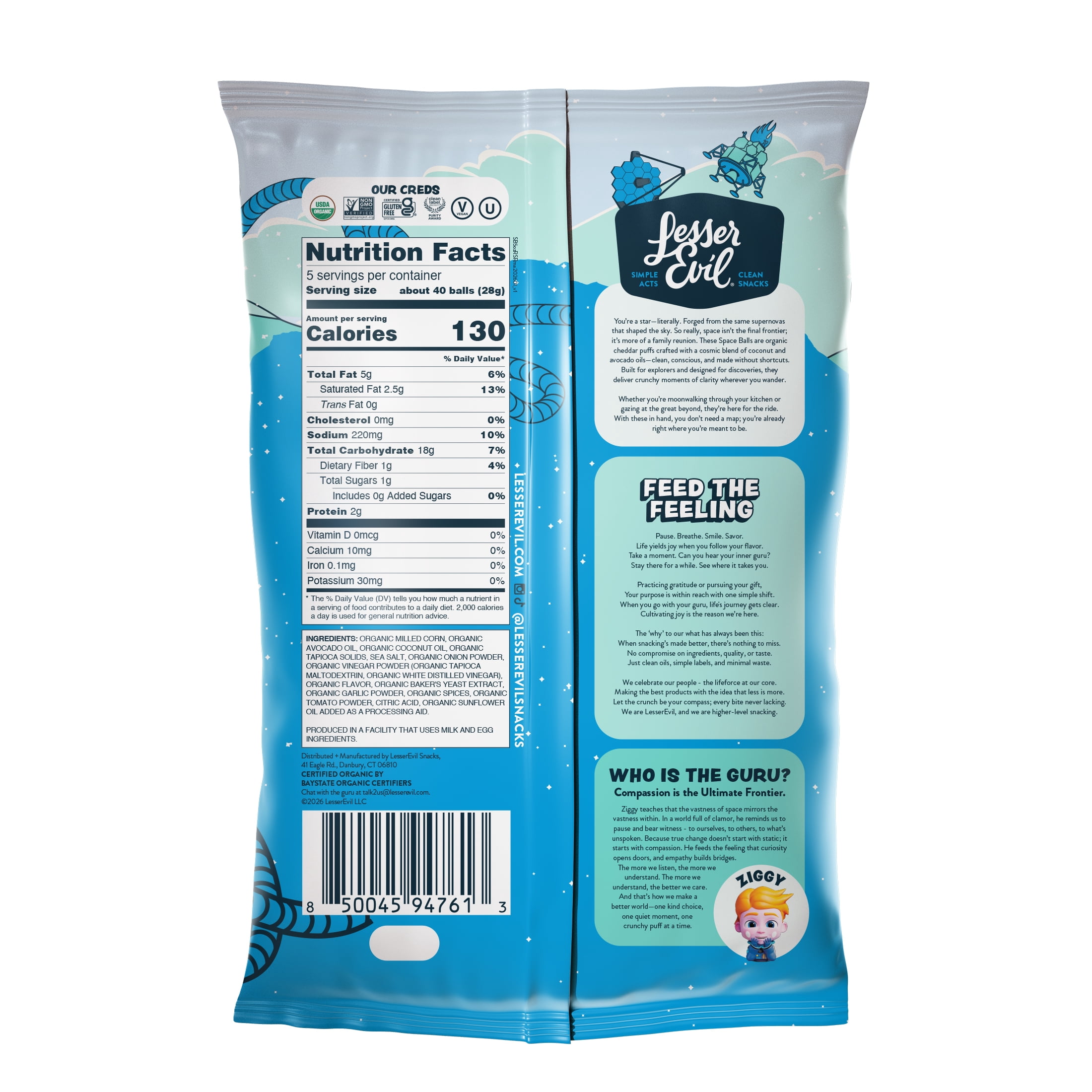 (3 pack) LesserEvil Space Balls, Ranch, 5oz