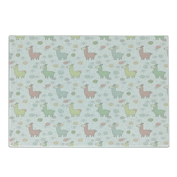 Llama Cutting Board, Colorful Pattern of Llamas with Doodle Style Circles and Heart Shapes Cartoon Style, Decorative Tempered Glass Cutting and Serving Board, Small Size, Multicolor, by Ambesonne
