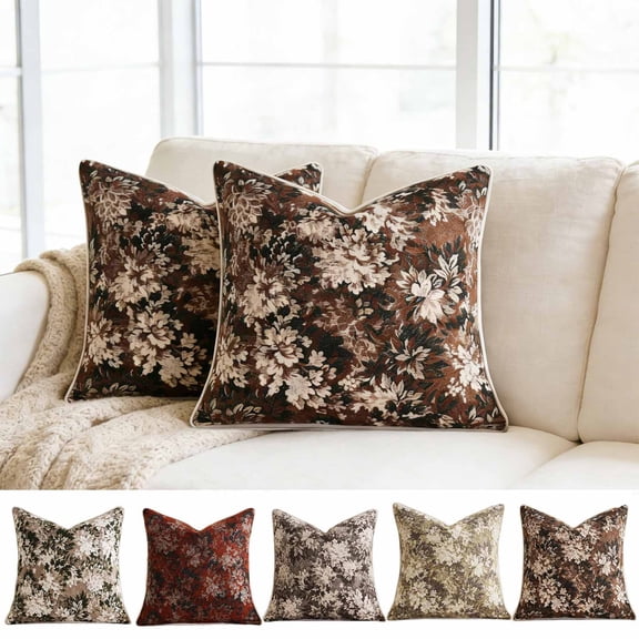 EDhome Chenille Vintage Floral Throw Pillow Covers, Soft Chenille Fabric Boho Rural Design, Rectangular Decorative Pillow Cases for Sofa Couch Bed Chair Home Accent, 2Pcs D