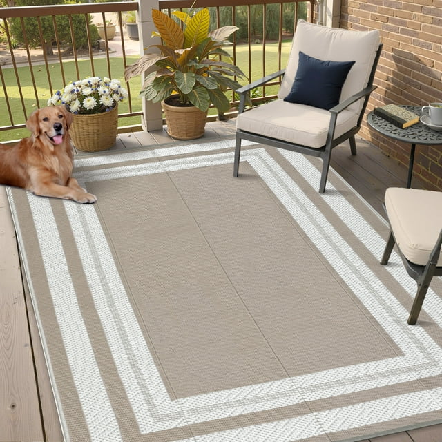 HOMERRY 10' x 14' Brown Gray Geometric Outdoor Rug Straw Plastic Area Rug for Balcony Pool RV Waterproof Reversible Carpet