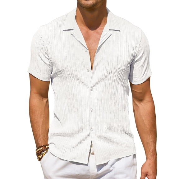 Youclos Men's Short Sleeve Textured Linen Shirts Hawaiian Button Down Shirts