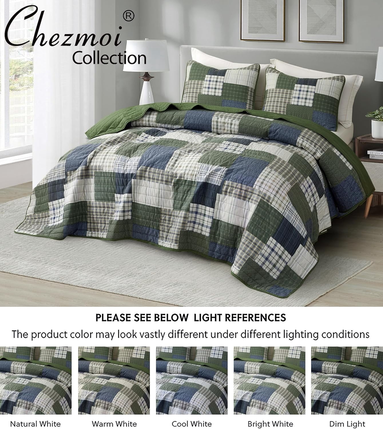 Chezmoi Collection Cedar 3-Piece Printed Patchwork Quilt Set, Green Navy Plaid Coverlet, Pre-Washed Microfiber Lightweight Bedspread for All Seasons, Oversized King Size