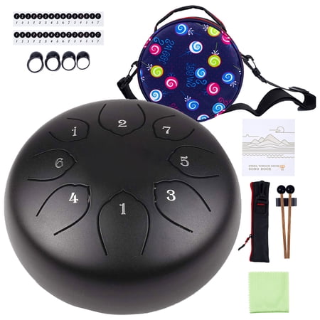 Musfunny Steel Tongue Drum 8 Notes 6 inches Percussion Instrument C-Key Handpan Drum with Music Book, Bag, Mallets for Kids Musical Education Concert Yoga Meditation Gift - Black