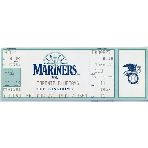 Seattle Mariners vs. Toronto Blue Jays Vintage Ticket The Kingdome (Seattle, 1993) Ken Griffey Jr