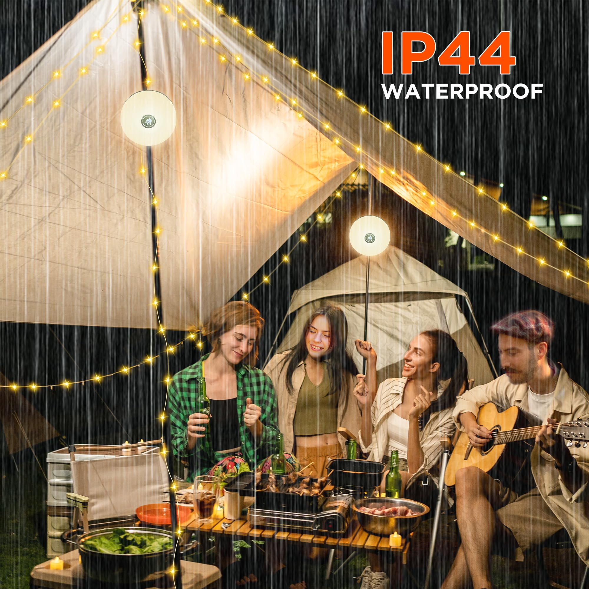 PUCACHI 2-in-1 LED Camping Lantern & 32.8ft String Lights | 8 Lighting Modes, IP44 Waterproof, USB Rechargeable | Portable Outdoor Light for Camping, Hiking, Backyard, Emergency (30s Quick Recovery,