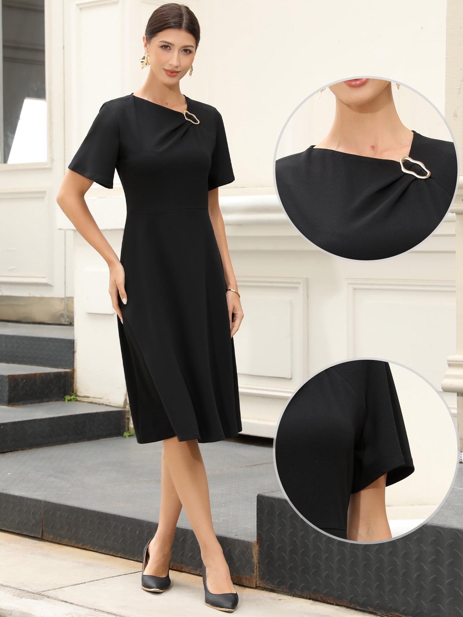 DARING DIVA Women's A-Line Casual Asymmetrical Neck Midi Dress with Short Sleeve M Black
