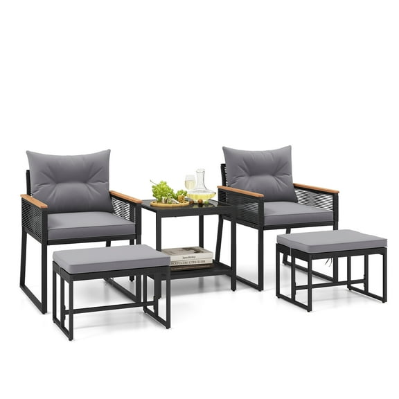Gymax 5 Piece Patio Conversation Set PE Rattan Wicker Chairs w/ 2 Ottomans Soft Cushions