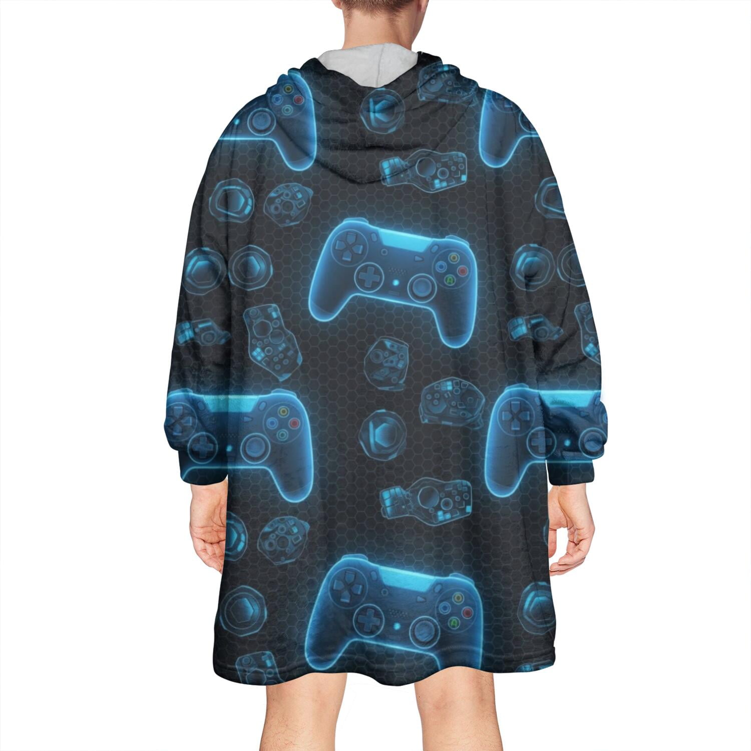 Wearable Oversized Blanket,Neon Controllers Games Icons Black Pattern Wearable Blanket Hoodie for Adults,Cozy Hooded Blankets with Super Pockets,Super Warm Fuzzy Pullover for Women & Men