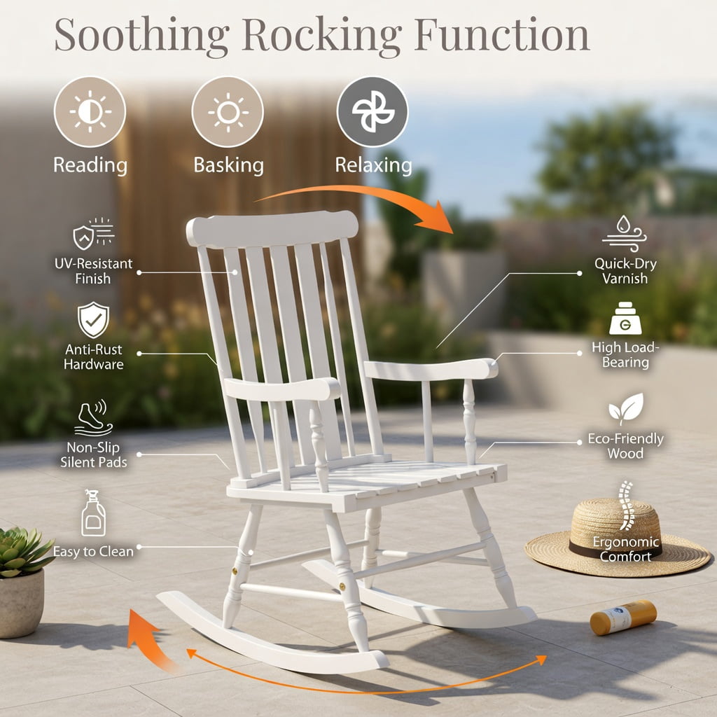 Hommoo Solid Rubber Wood Rocking Chair for Patio, Garden & Indoor Use, Ergonomic Outdoor Rocker with High Back & Curved Armrests, White