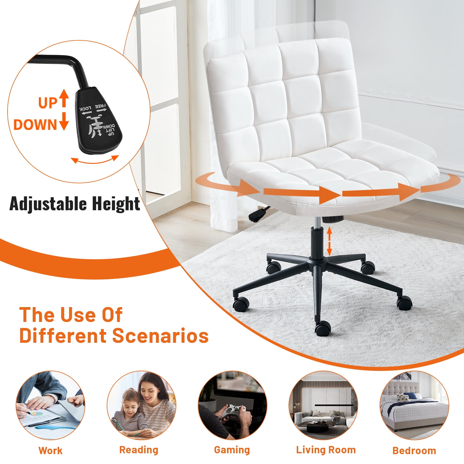 Furniliving Home Office Desk Chairs with Wheels Wide Desk Chair Mid Back Vanity Chair Modern Computer Desk Chair Swivel Accent Chair, PU-Ivorywhite