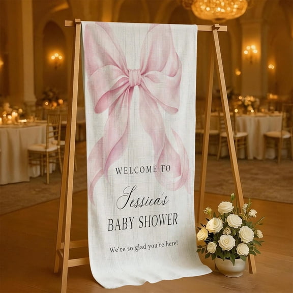 ViciArt Pink Bow Baby Shower Welcome Sign Personalized Fabric Banner