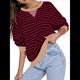 thumbnail image 2 of Sudaderas A Rayas para Mujer, Camisetas de Larga con Cuello Redondo de Gran Tamaño, Jersey Y2K, Ropa de Moda de Otoño Vino Tinto L, 2 of 7