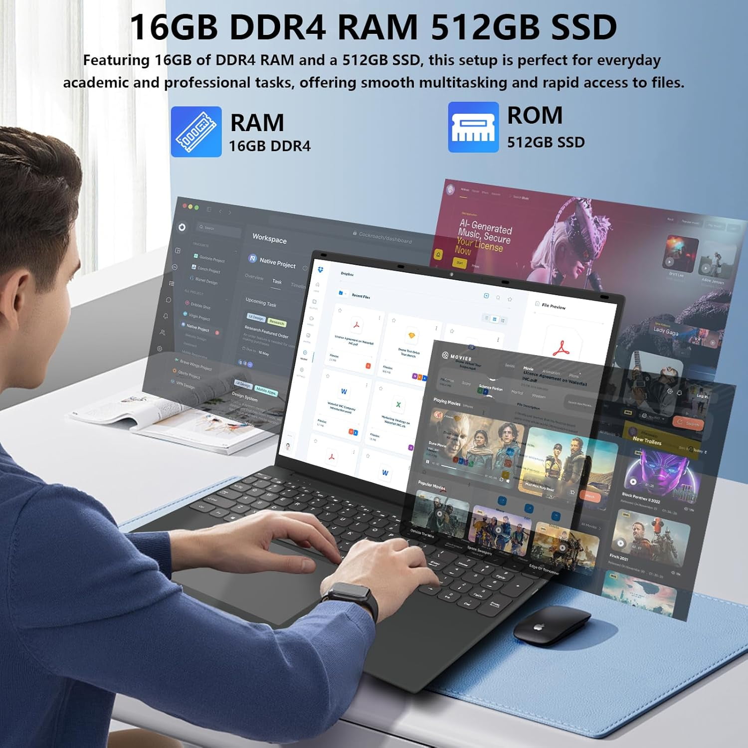 SANPTENT 16 inch 1920x1200 IPS FHD Laptop Computer, 16GB DDR4 RAM 512GB SSD, Intel Quad-Core Alder Lake N95, UHD Graphics, Wi-Fi, Bluetooth, Backlit Keyboard, Fingerprint, Windows 11 Pro