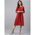 thumbnail image 3 of Janasya Red Crepe Ikat Printed Round Neck 3/4th Sleeve Jacket Style Kurta with Tie-Ups And Tassles, 3 of 8