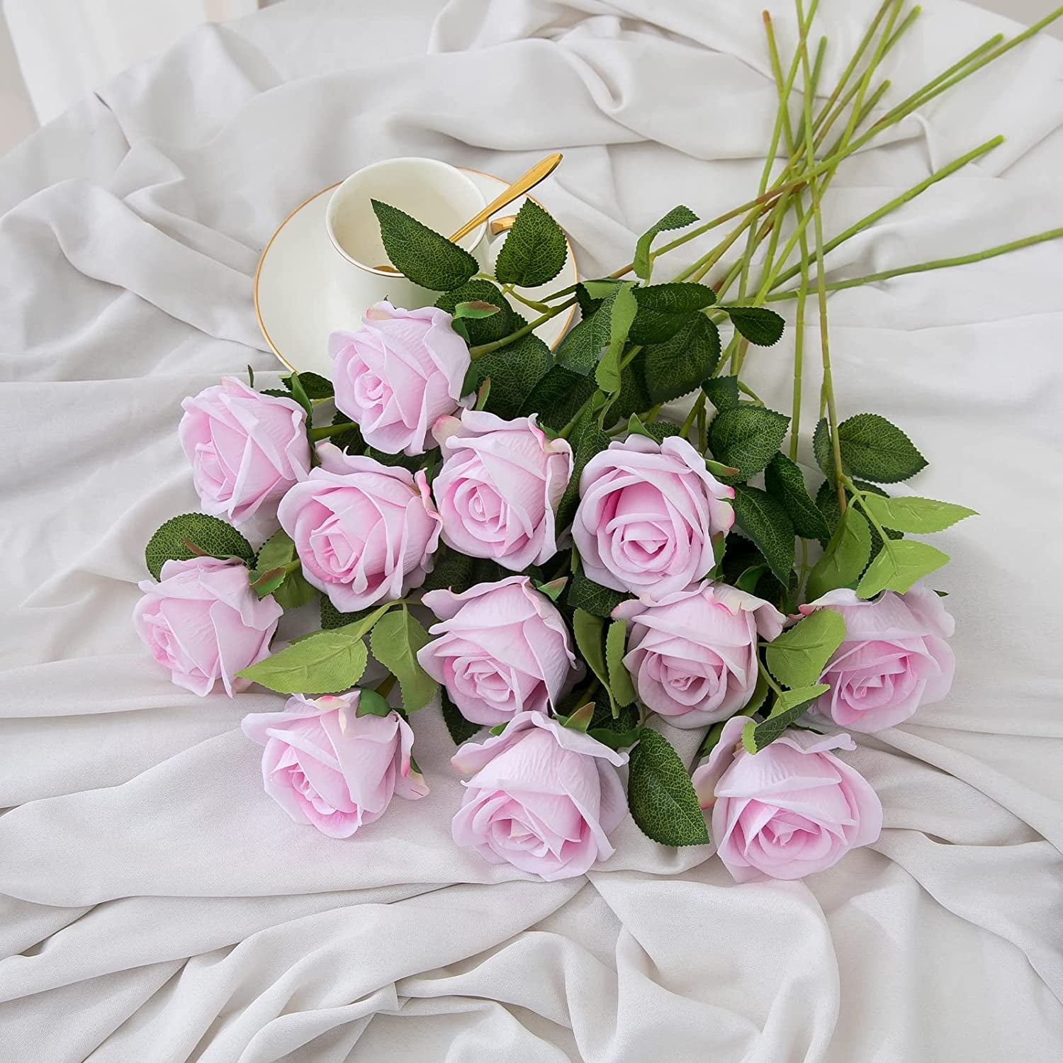 12PCS Artificial Roses Silk Flowers Fake Roses Bouquet Long Stem for Home Wedding Decoration Party (Wine)