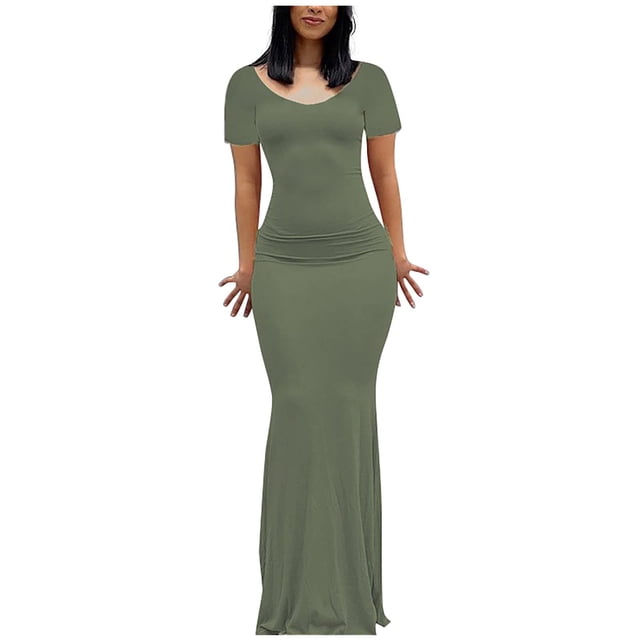Bigersell Robe Moulante Maxi pour Femmes Été à Manches Courtes Col Rond Longue Robe Moulante Couleur Unie Queue de Poisson Robe de Soirée Robe de Boîte de Nuit Robe de Fête Robes d'Été de Plage Robe Formelle, Vert TTG