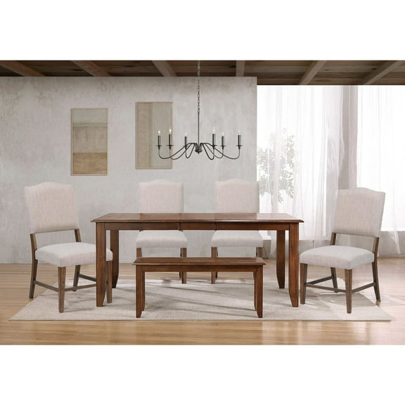 Simply Brook 6PC Extension Dining Set Performance Fabric Chairs Bench Brown Wood
