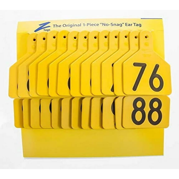 Z Tags 1-Piece Pre-Numbered Hot Stamp Tags for Calves, Numbers from 76 to 100, Yellow