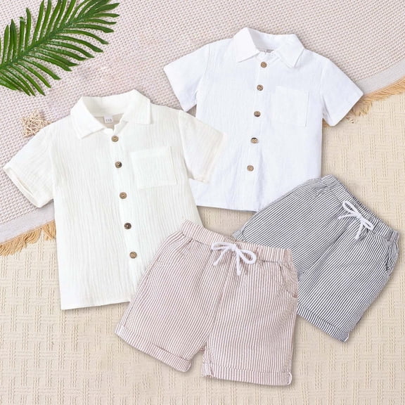 RTKFRFLM Boys Cotton Linen Polo Set, Solid Color Short Sleeve Shirt and Casual Shorts 2-Piece