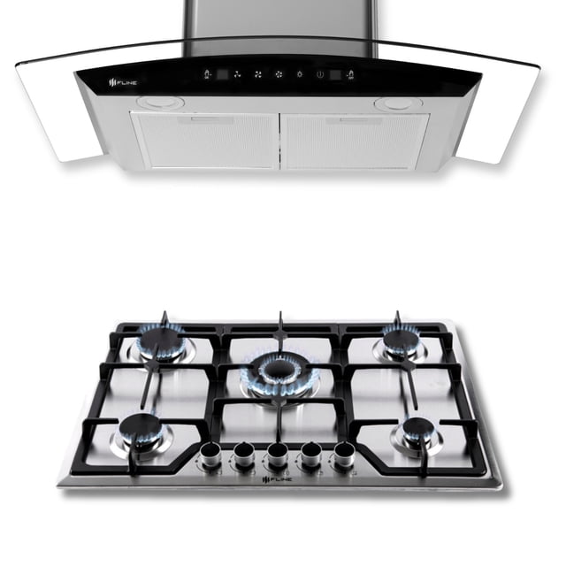 FLINE | Combo parrilla de gas y campana extractora 76 cm | Pared Touch | gris |LU5TR76