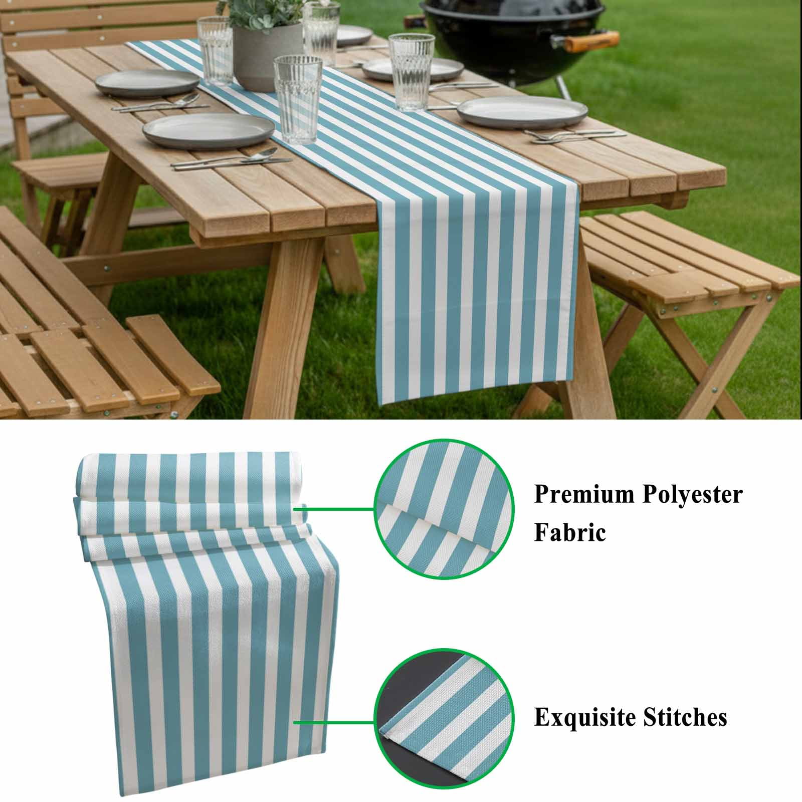 Cyan and White Striped Table Runner 13x120 inch Gradient Cotton Linen Dining Table Runner Ideal for Dresser Kitchen Coffee Tables - Machine Washable