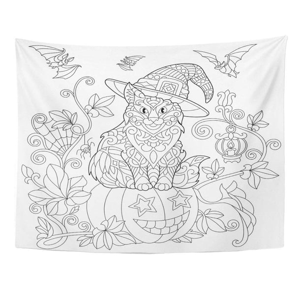 ZEALGNED Coloring Page Cat in Hat Sitting on Halloween