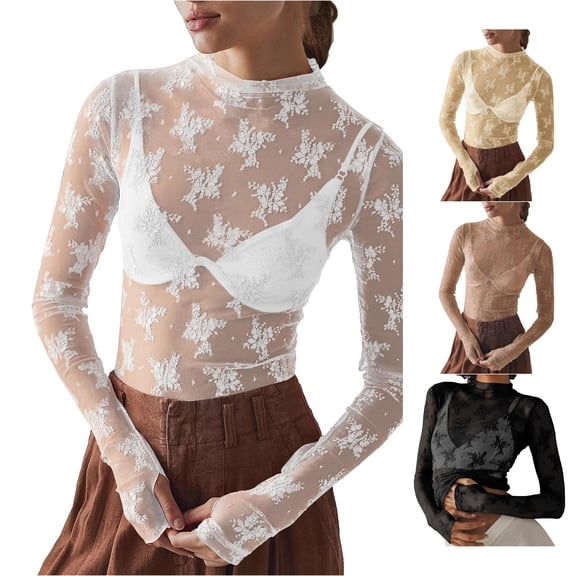 xfsWaSs Women's Mesh Top Long Sleeve Neck Sheer Shirts Thumb Hole Sheer Lace Floral See Through Tee Shirt Blouse Layering Tops