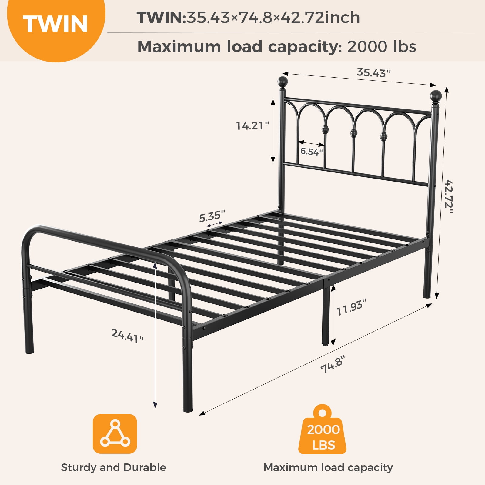 Gianna Twin Metal Platform Bed Frame with Steel Slat Support, Underbed Storage, No Box Spring Needed, Easy Assembly