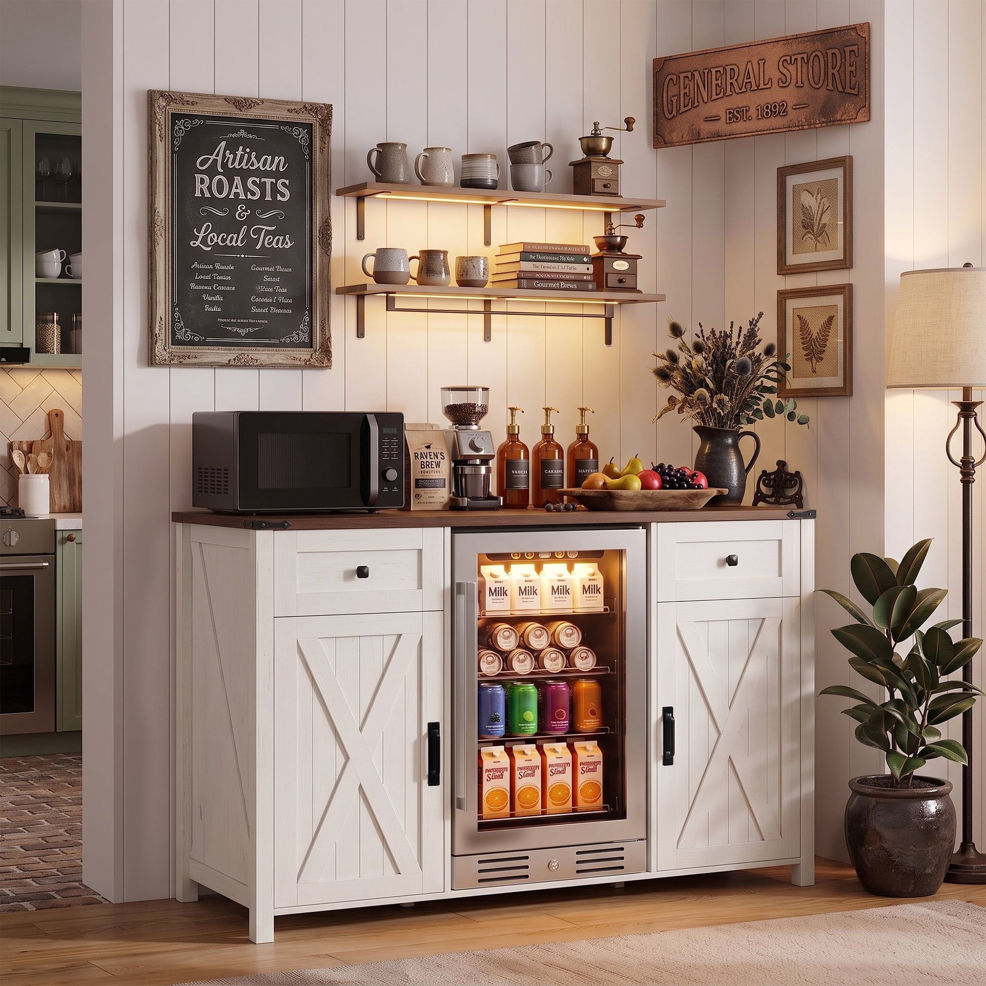 Mintazer 53.2" Farmhouse Coffee Bar Cabinet with Fridge Space & Charging Station, Barn Doors Sideboard Buffet Storage Cabinet with Drawers & Wine Glass Rack for Kitchen Dining Room Home Bar, White