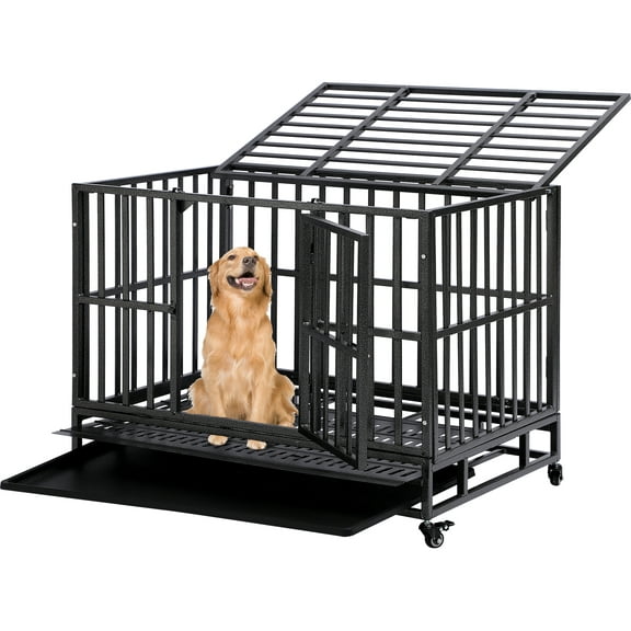 Magic Union 38 inch Large Heavy Duty Dog Crate with Lockable Wheels and Removable Tray for Large Dog,Escape Proof Folding Dog Cage Kennel with Sturdy Lock for Indoor and Outdoor,Black