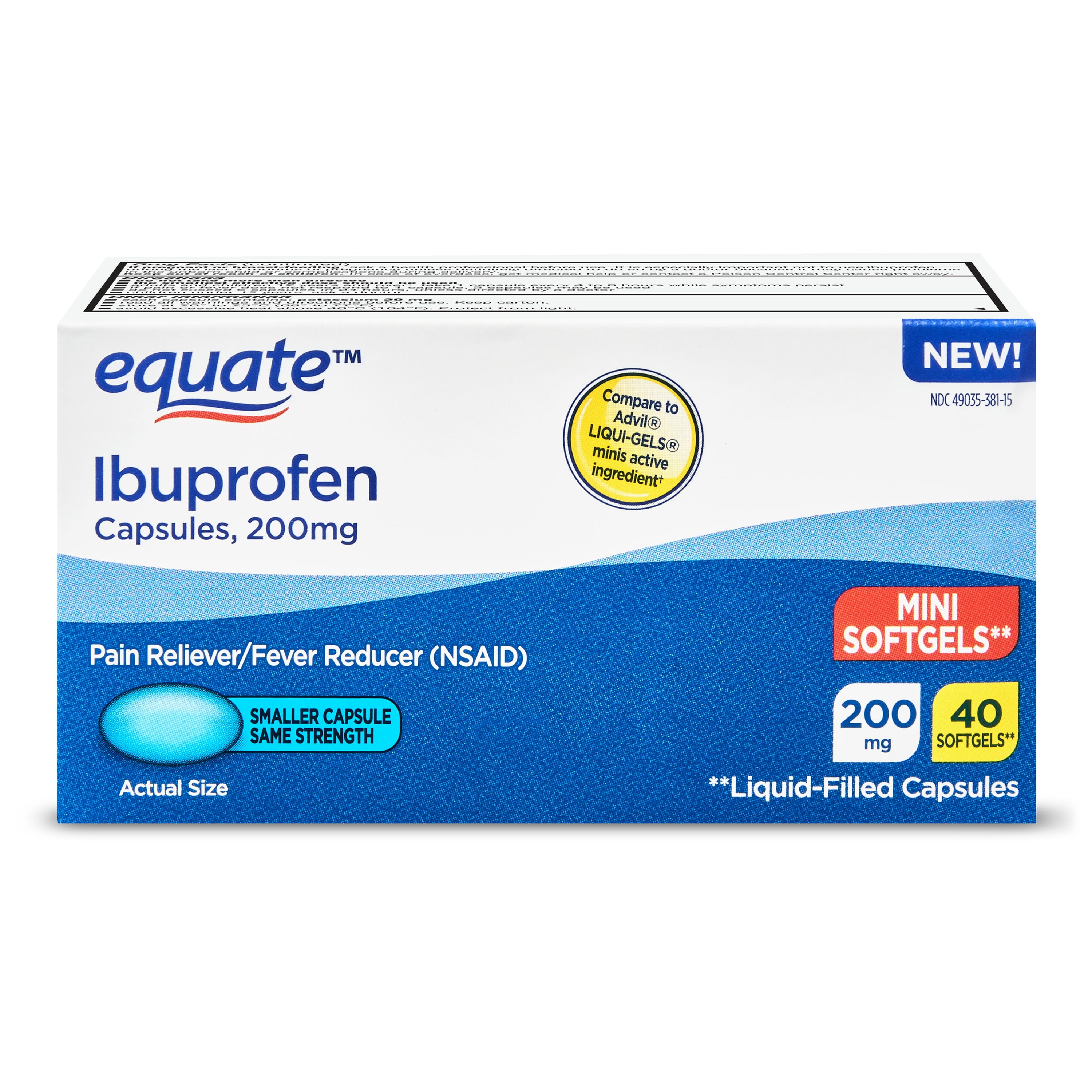 Equate Ibuprofen Mini Softgels, 200 mg, 40 Count