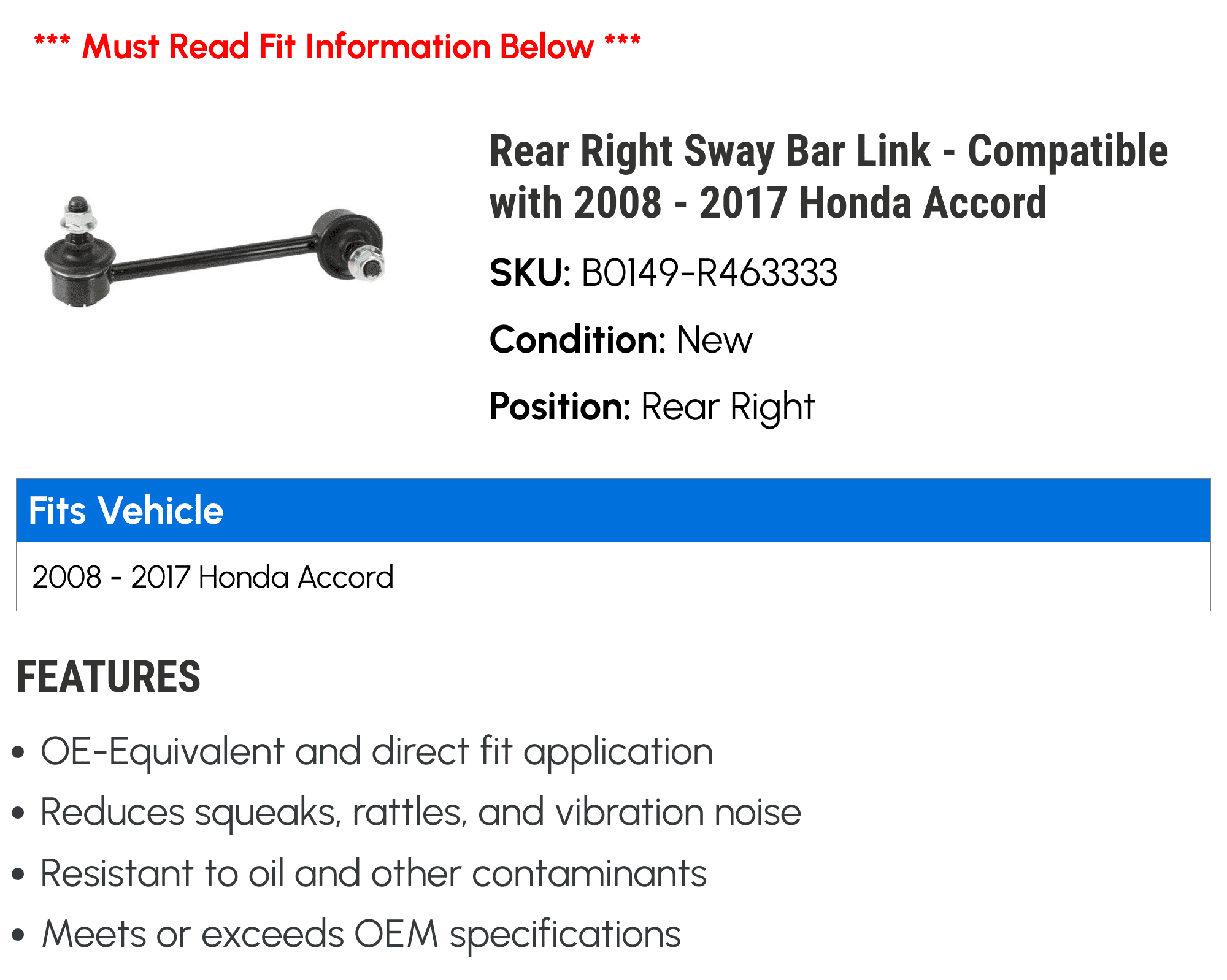Rear Right Sway Bar Link - Compatible with 2008 - 2017 Honda Accord 2009 2010 2011 2012 2013 2014 2015 2016