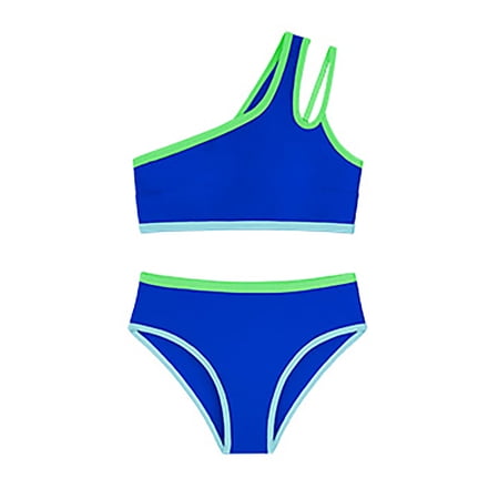 Huachaog Girls 2 Piece Swimsuits One Shoulder Bathing Bikini Chest Pad Solid Color Swim Clothes 9-10 Y