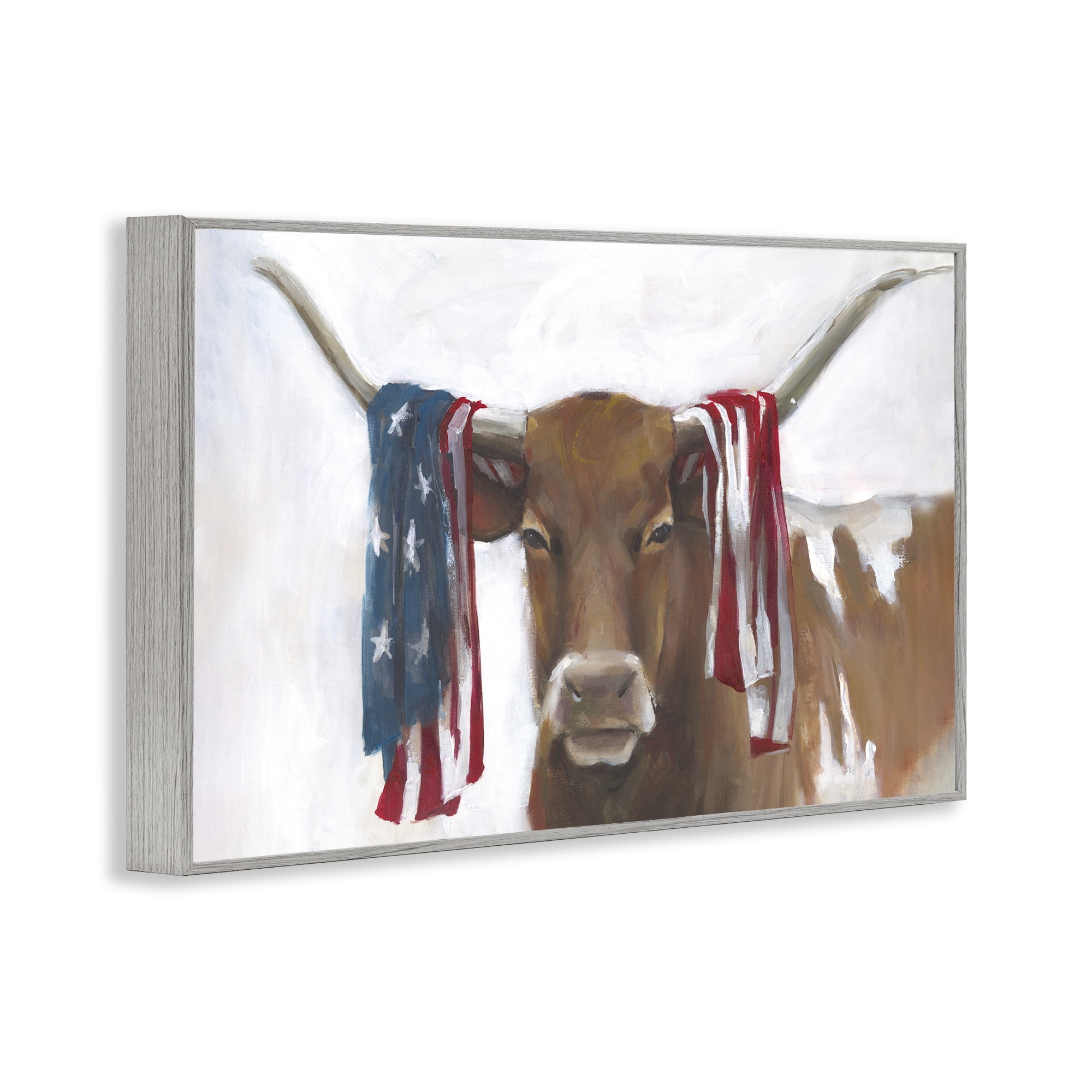 Stupell Industries Patriotic Longhorn with Flag Gray Framed Giclee Art, design by White Ladder