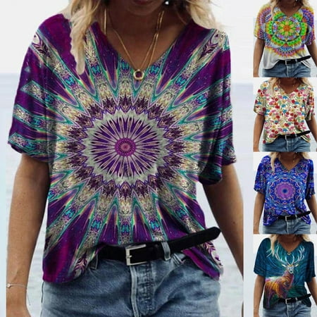 Summer Savings Clearance 2022! BEFOKA Fashion Women's Summer Printed Short Sleeve V-Neck T-Shirt Casual Tee Tops Purple XXL