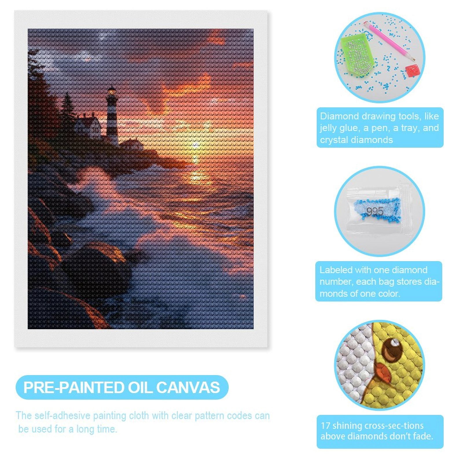 Diamond Art Kits for Adults, Lighthouse Sunset Ocean Waves Rocks 5D Diamond Painting Kits for Adults Beginners, DIY Full Drill Diamond Painting, Gem Art and Crafts 12x16