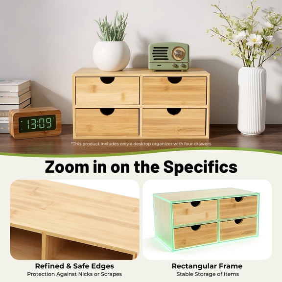 4-Drawer Bamboo Desk Organizer, Desktop Storage Cabinet for Office Supplies, Makeup, and Small Items, Compact Tabletop Organizer for Home Office