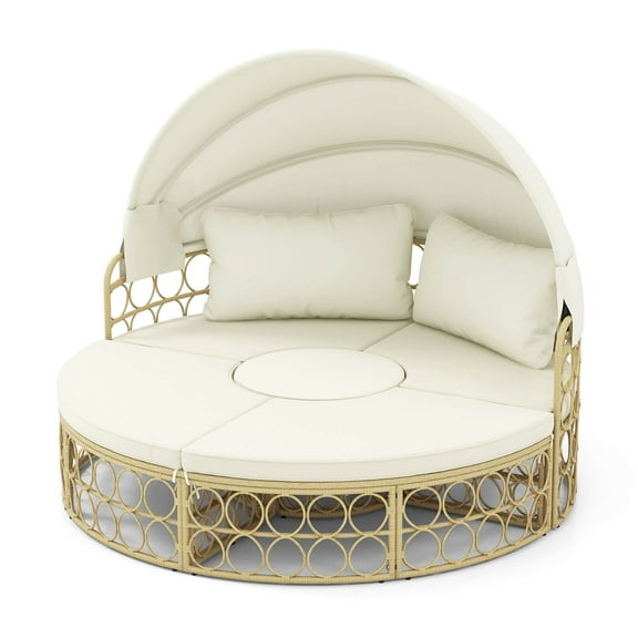 Gymax Round Daybed w/ Retractable Canopy Soft Cushions for Patio Beige & Off White