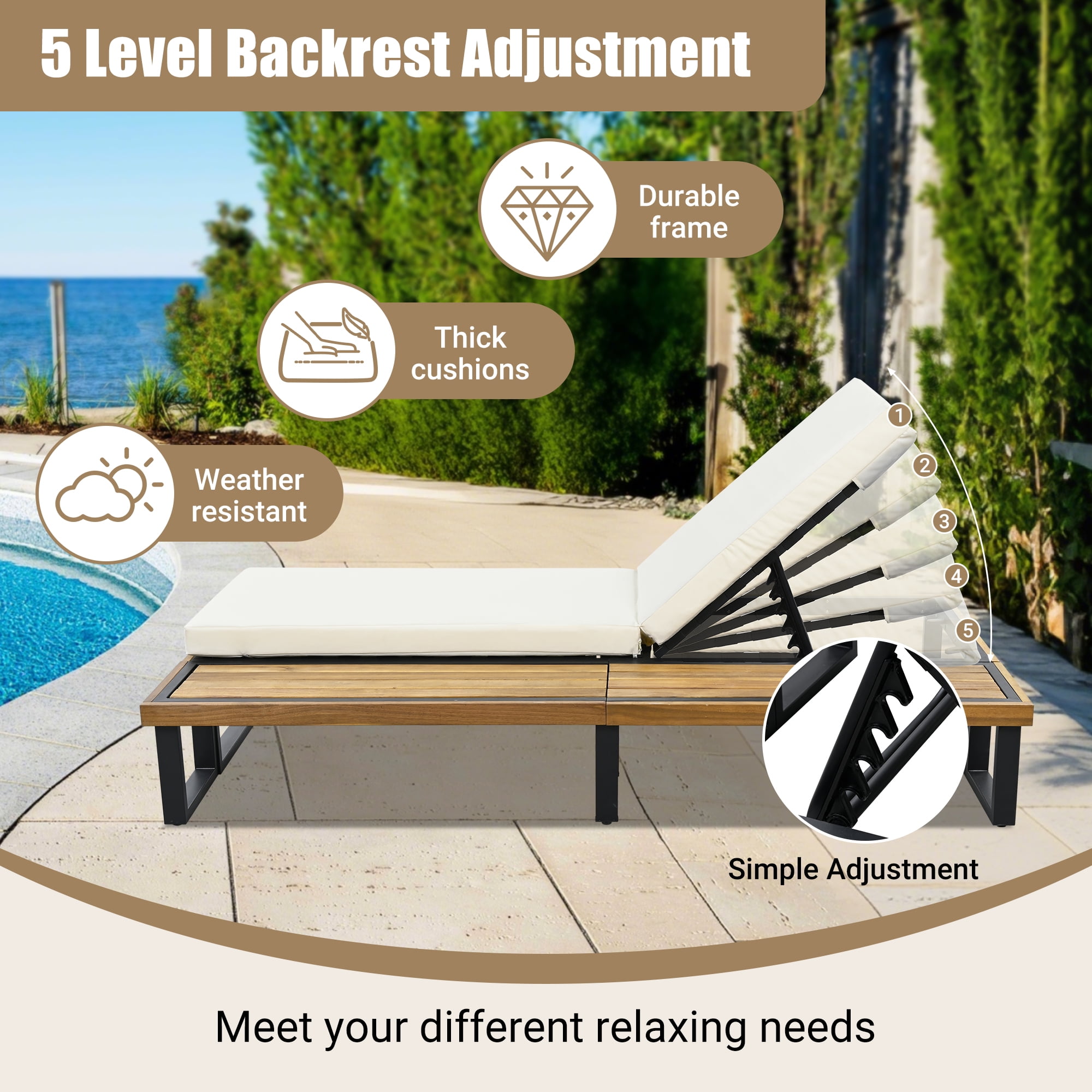 Euroco Outdoor Chaise Lounge Chair Set of 2 with 5-Position Adjustable Backrest , Reclinings with Cushions, Patio Loungers with Wood Side Table, Sturdy Frame