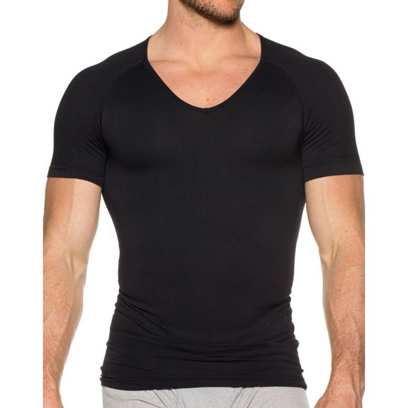 Men's Svelte 7106 Shapewear 360 Stretch Compression V-Neck Tee (Black S)
