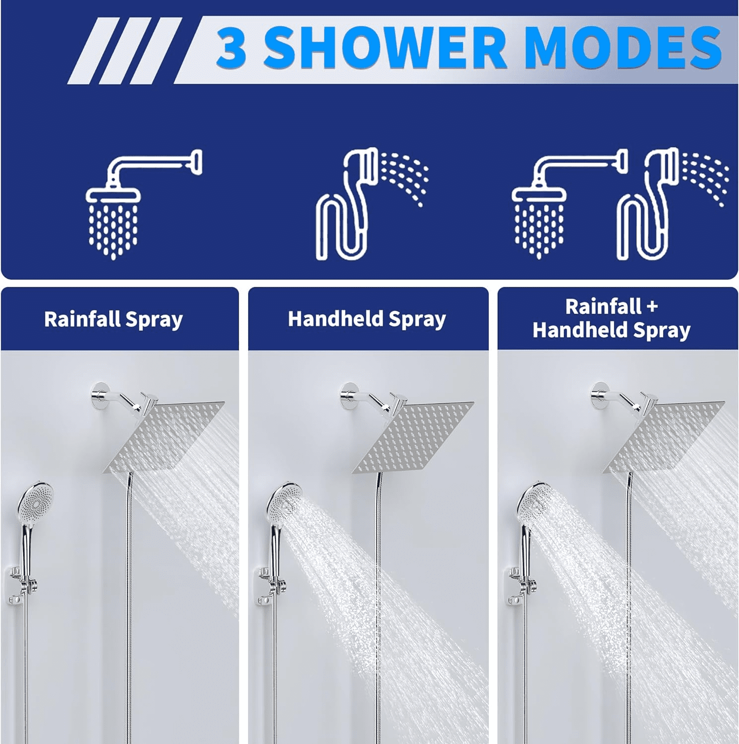 Shower Head 8" High Rain Showerhead Combo Pressure Rainfall & 4Modes Shower Heads with Handheld Shower Head Attached, 60 Inch Hose,304 Stainless Steel,Silver