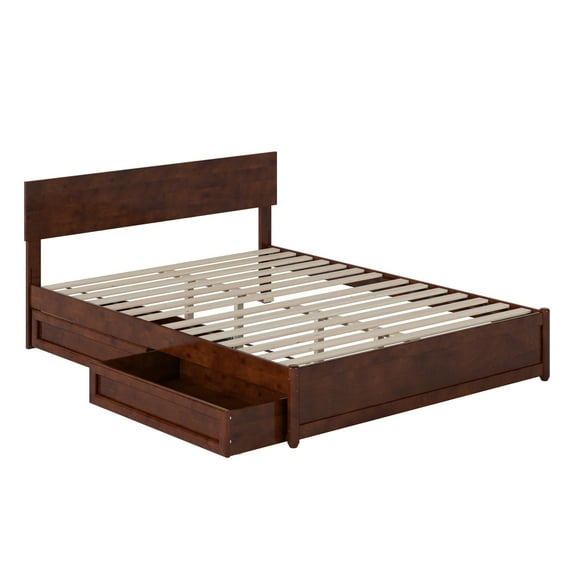 Wesley Queen Wood Platform Bed with Panel Footboard & Storage Drawers in Walnut