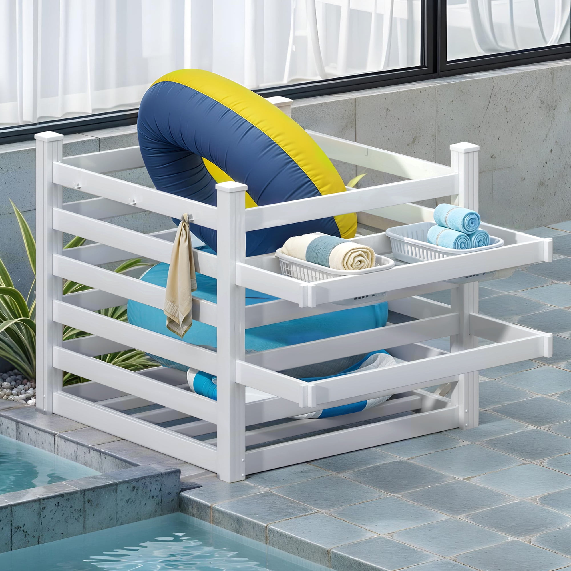 Uforic Outdoor Waterproof Storage Organizer with 6 Hooks, Pool Deck Box, Patio Bin, 64"W x 47"L x39"H, White