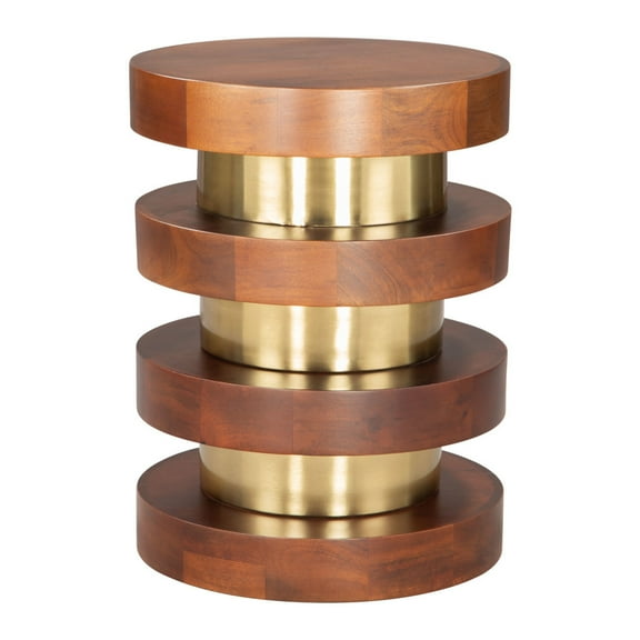 HomeRoots 556515 20 in. Brown & Gold Solid Wood & Iron Round Pedestal End Table